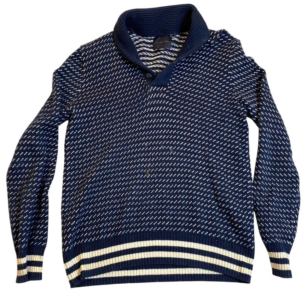 American Eagle Men's Birds Eye Sweater Large Navy & White Patterned Shawl Collar